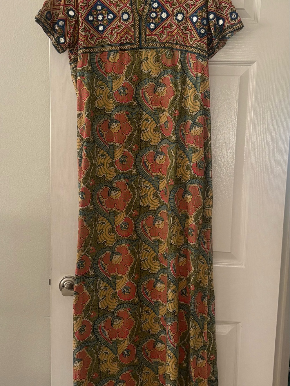 Embroidered Boho Maxi Dress in Olive, Rust & Mustard